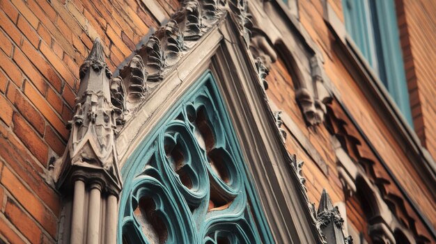 Photo intricate gothic architectural details on a historical brick building with ornate stonework and teal accents