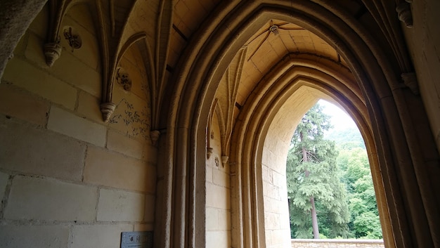 Intricate Gothic archway with aged stone carvings