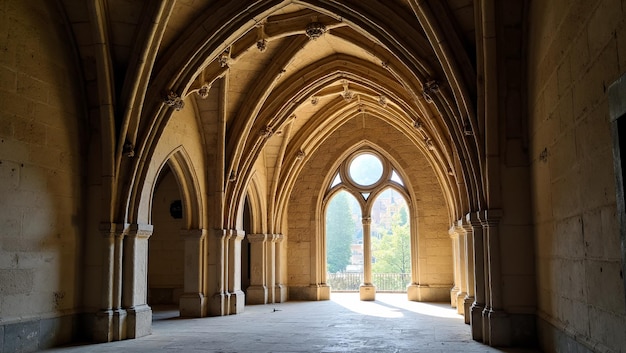 Photo intricate gothic archway with aged stone carvings