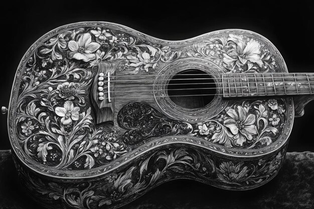 Intricate HandDrawn Acoustic Guitar Sketch with Detailed Floral Patterns on a Plain White Backgro