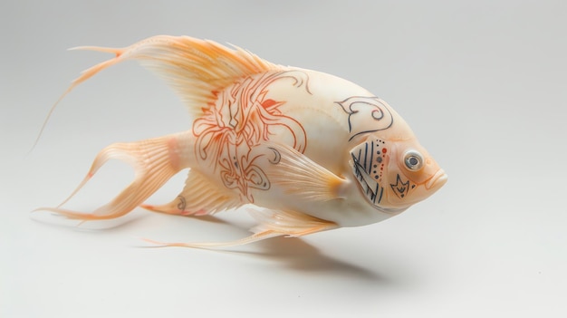 Intricate handpainted design adorns a delicate white fish sculpture