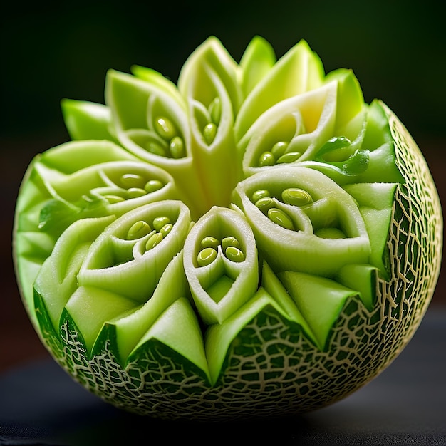 Intricate Honeydew Melon Carvings Showcasing Vibrant Geometric Patterns