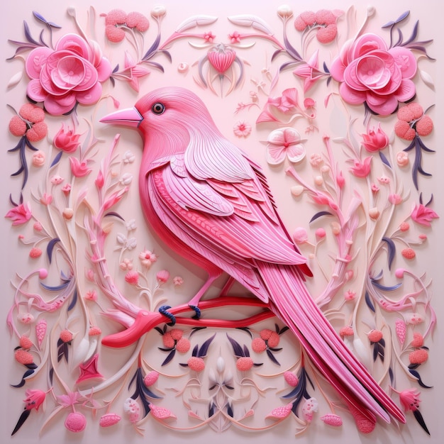 Photo intricate hyperrealistic pink bird depicted with floral paper cutouts