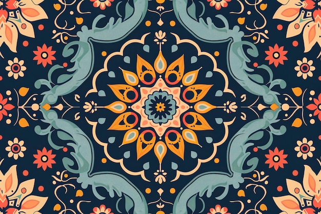 Intricate Islamic pattern with a symmetrical design and vibrant colors