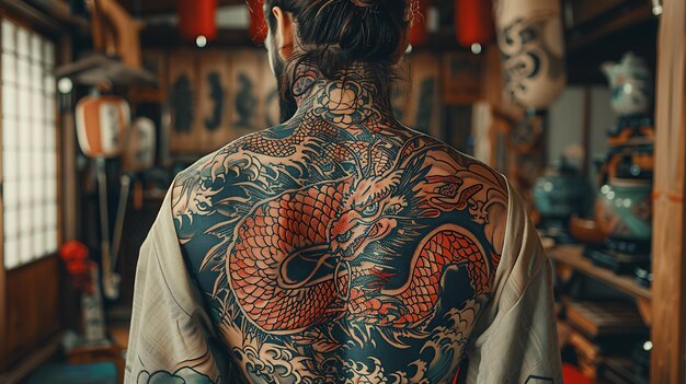 Photo intricate japanese dragon body art a mans back bold colors and traditional style