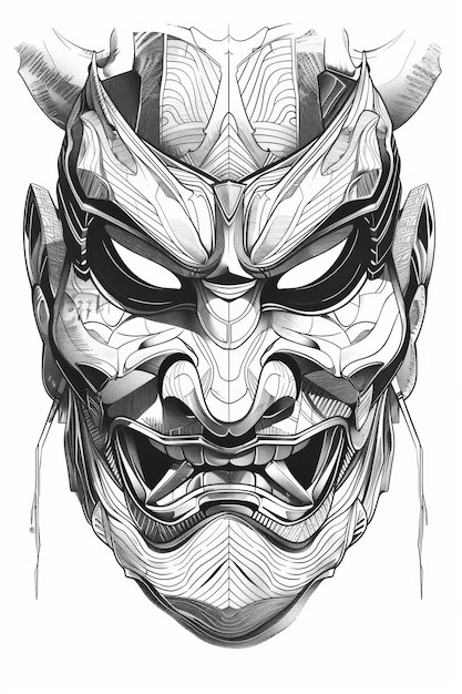 Photo intricate japanese oni mask illustration with detailed line art and abstract patterns