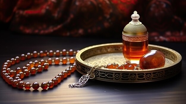 Photo intricate jewelry with amber beads and a decorative perfume bottle