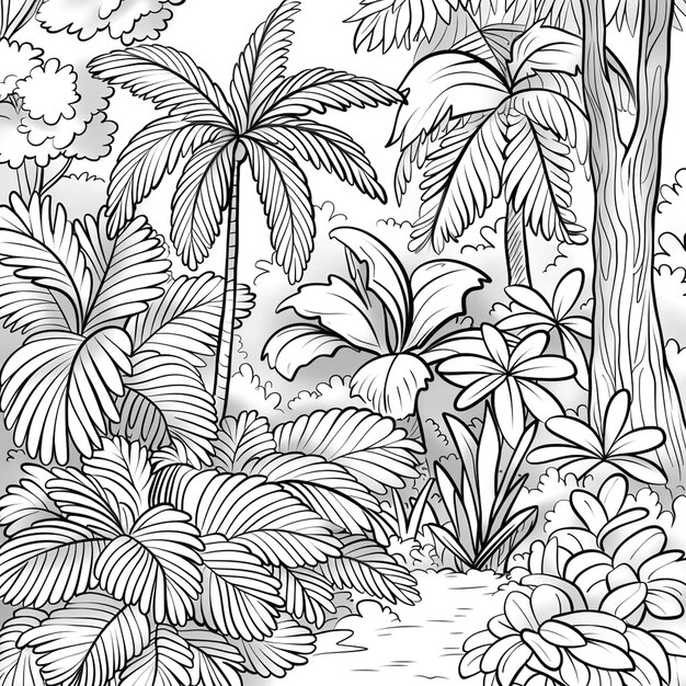 Photo intricate jungle scene coloring page natureinspired art