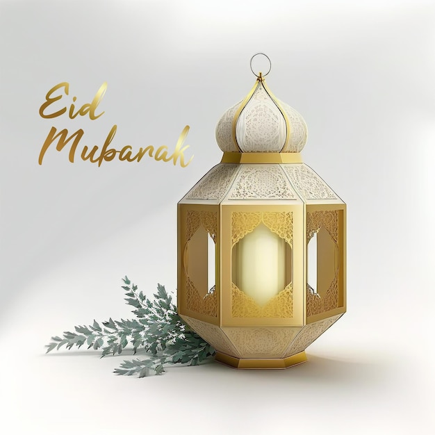 An intricate lamp with a branch of green leaves and the words eid mubarak on it.