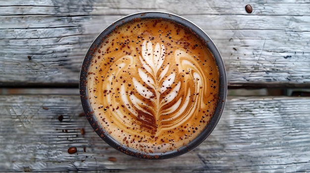 Intricate Latte Art on Rustic Wooden Table in Natural Outdoor Lighting