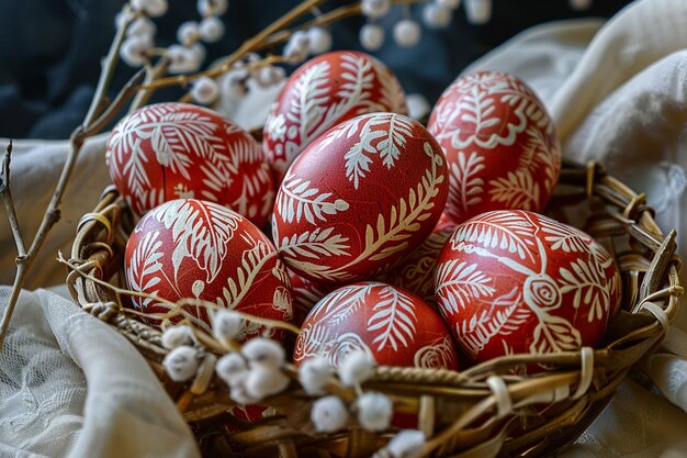 Intricate Leaf Patterns Arranged On Red And White Eggs