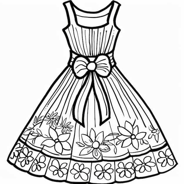 Photo intricate line art of a floral dress with a bow perfect for coloring pages and fashion design templates