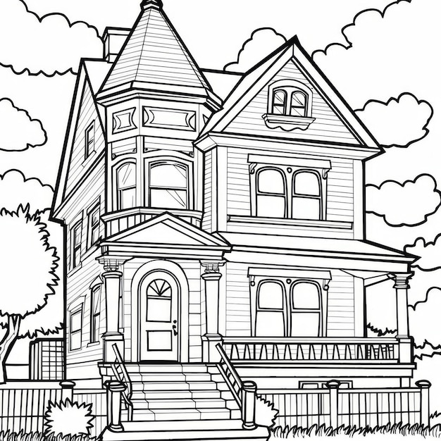 Intricate line art of a Victorian house designed for coloring pages showcasing architectural details in a simplified artistic style