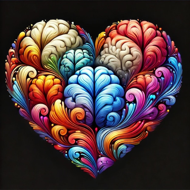 Intricate Love A Colorful Abstract Art Depicting HeartShaped Brains Blending Wisdom and Love in Eye