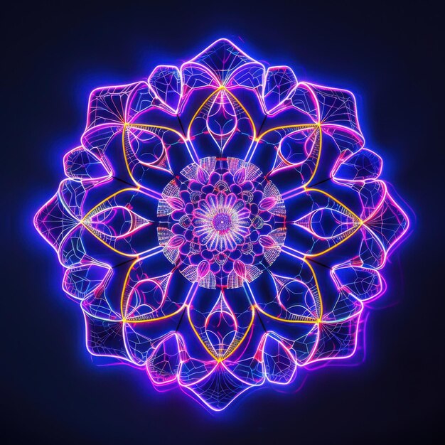 Intricate mandala pattern made of glowing neon lines Blacklight illumination Sacred geometry background ar 11 Job ID 4da4150f87944365a39cb53eb33dd03c