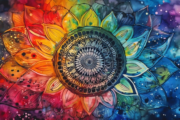 Intricate mandala in rainbow hues digital art illustration