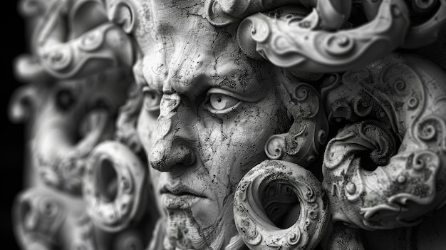 Photo intricate marble sculpture of a mythological figure with swirling hair and intense expression