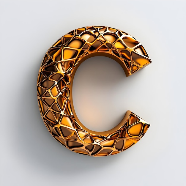 Photo intricate metallic gold c letter with geometric patterns against pure white background