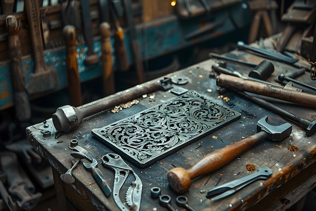 Photo intricate metalwork and tools in a craftsmans workshop