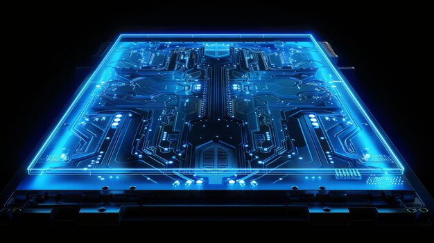 Intricate microchip bathed in cool blue light revealing detailed circuitry patterns