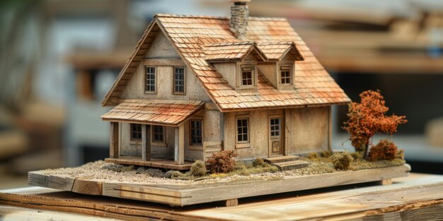 Intricate miniature wooden house model displayed on a table highlighting craftsmanship and architectural detail in a workshop