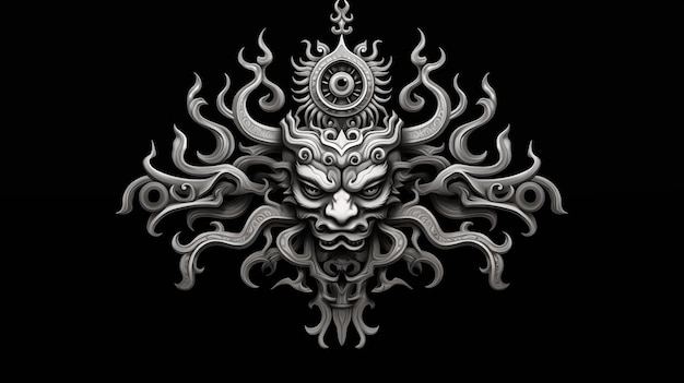 Photo intricate mythical demon mask with ornate patterns and flame tentacles