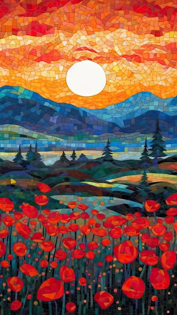 Intricate NeoImpressionist and Ukiyoe Fusion Paper Art of Rolling Poppy Fields in Japan