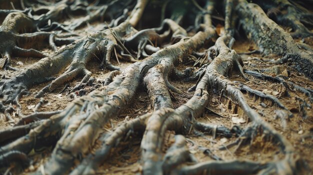 An intricate network of twisted tree roots exposed on the forest floor encapsulating natures raw untamed beauty