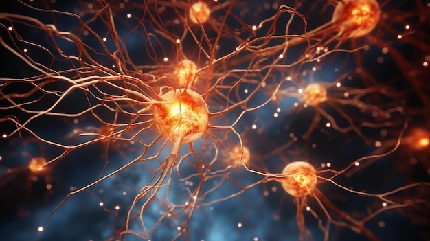 Intricate neural pathways in the brain intricate nervous system closeup of cells highlighting neuron