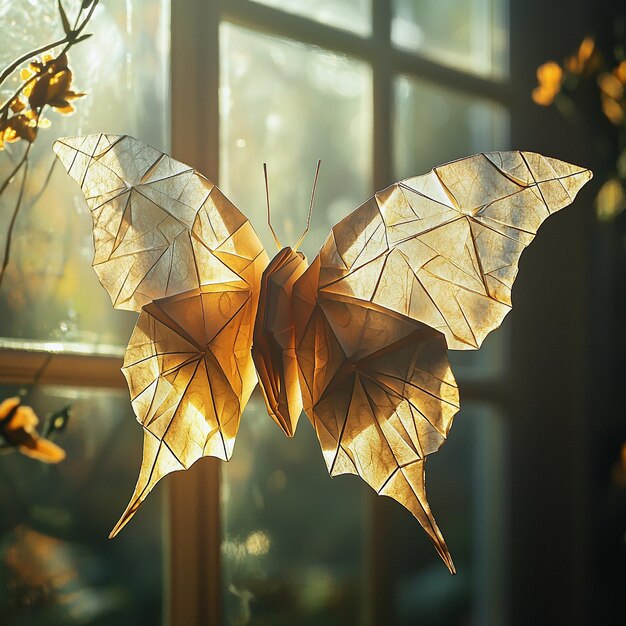 Photo intricate origami butterfly a masterpiece of delicate folds and patterns