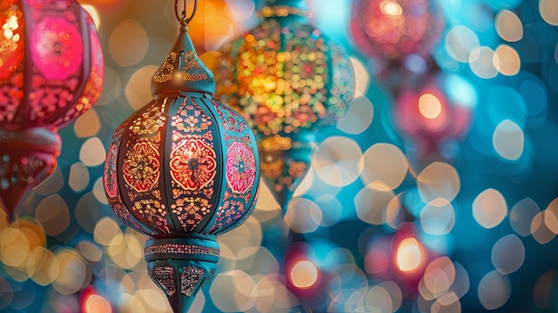 Photo intricate ornamental lanterns hanging against a blue bokeh background