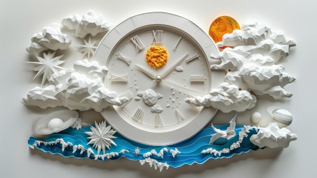 Photo intricate paper art collage depicting time with clock clouds sun and planets in a surreal landscape