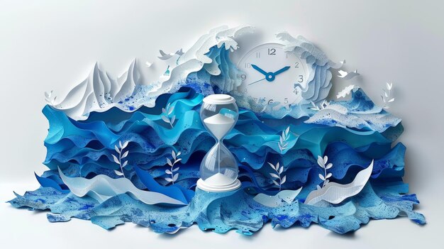 Photo intricate paper art collage depicting time with clock and hourglass in oceanic waves