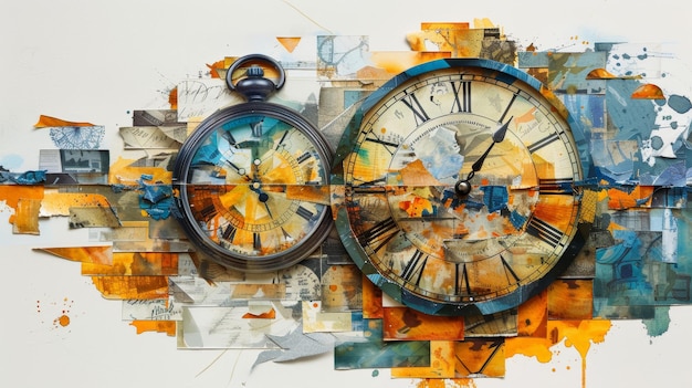 Photo intricate paper art collage illustrating the concept of time with vintage clocks and abstract elements