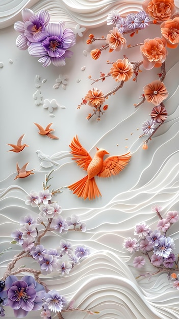 Intricate Paper Art with Birds and Flowers Generative Ai