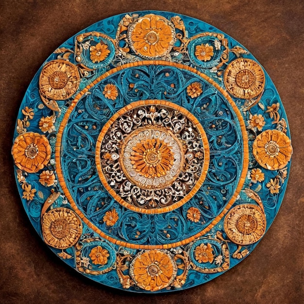 Intricate paper quilling mandala with teal and gold hues