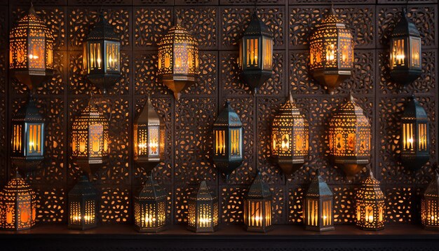 the intricate patterns of light cast by Ramadan lanterns on the walls of a home