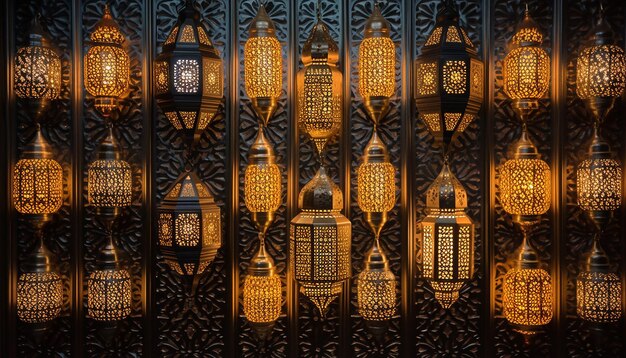 Photo the intricate patterns of light cast by ramadan lanterns on the walls of a home