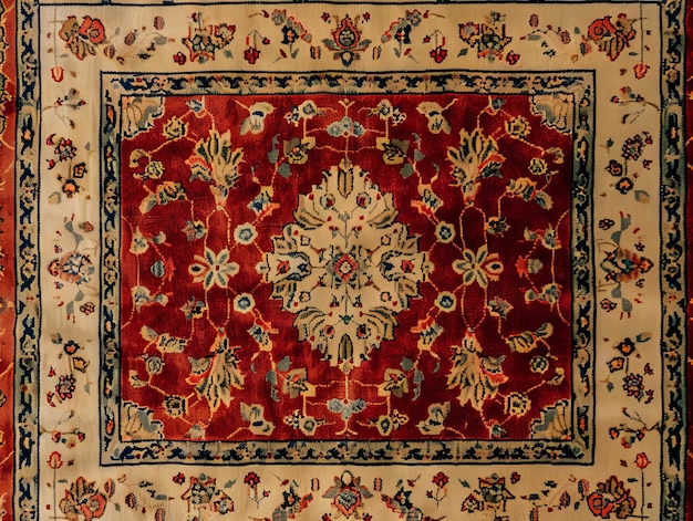 Photo intricate persian rug with a central medallion and floral motifs in red cream and blue