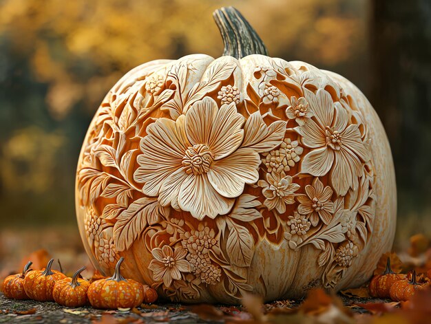 Photo intricate pumpkin carving featuring an elaborate floral pattern set against a background of vibrant autumn foliage and tiny ornamental gourds cg 3d enhanced textures and shadows