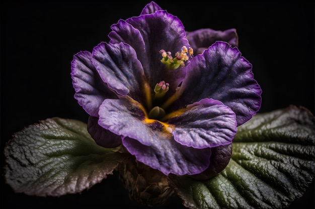 Intricate purple petals of an African violet closeup