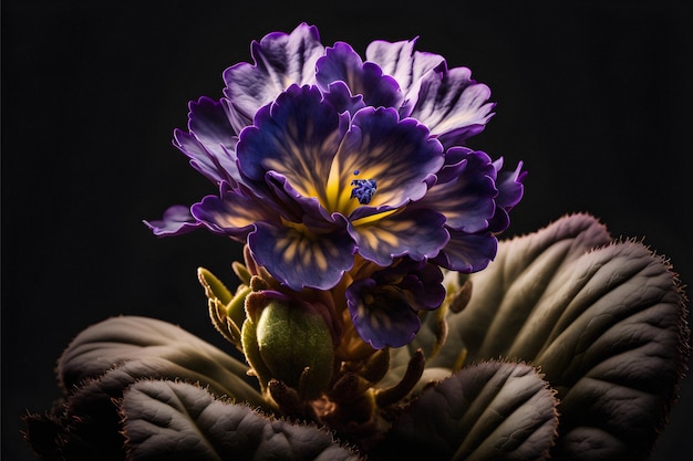 Intricate purple petals of an African violet closeup