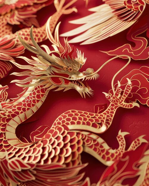 Intricate red and gold dragon and phoenix paper cutouts displayed against a bright red background Th