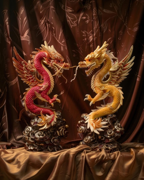 Intricate red and gold dragon and phoenix sculptures displayed elegantly against a dark silk backgro