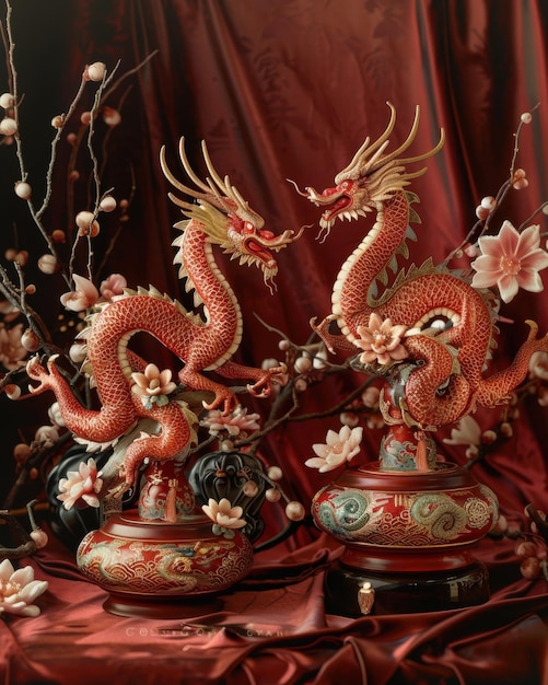 Intricate red and gold dragon and phoenix sculptures with traditional Chinese motifs elegantly displ