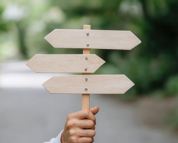 Photo intricate road sign with multiple arrows pointing in various directions human hands gesturing choices empty space for text