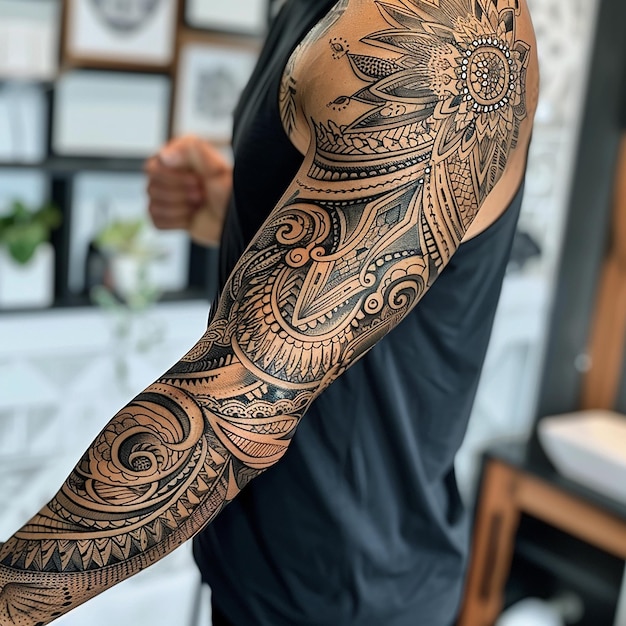 Photo intricate sleeve tattoo on a muscular arm of men