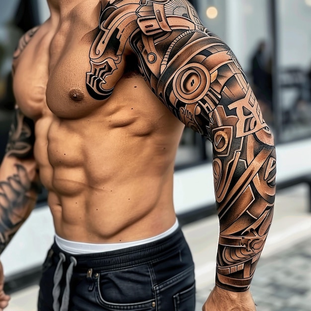 Photo intricate sleeve tattoo on a muscular arm of men