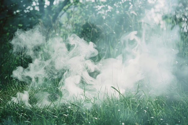 Photo intricate smoke patterns drift over lush green grass bathed in the soft light filtering through the surrounding foliage evoking a sense of calm and whimsy