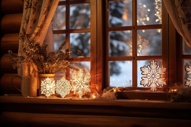 Intricate snowflakes dance on a cozy cabin windowsill illuminated by the warm glow of a fireplace